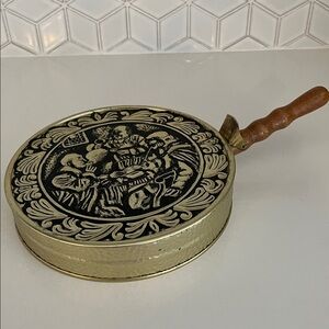 VINTAGE Brass Silent Butler Crumb Catcher Embossed Tavern Scene Wooden Handle